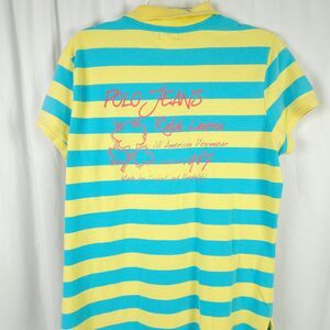 VTG Polo Jeans Ralph Lauren Boys XL Blue Yellow Striped Polo Shirt Logo Graphics